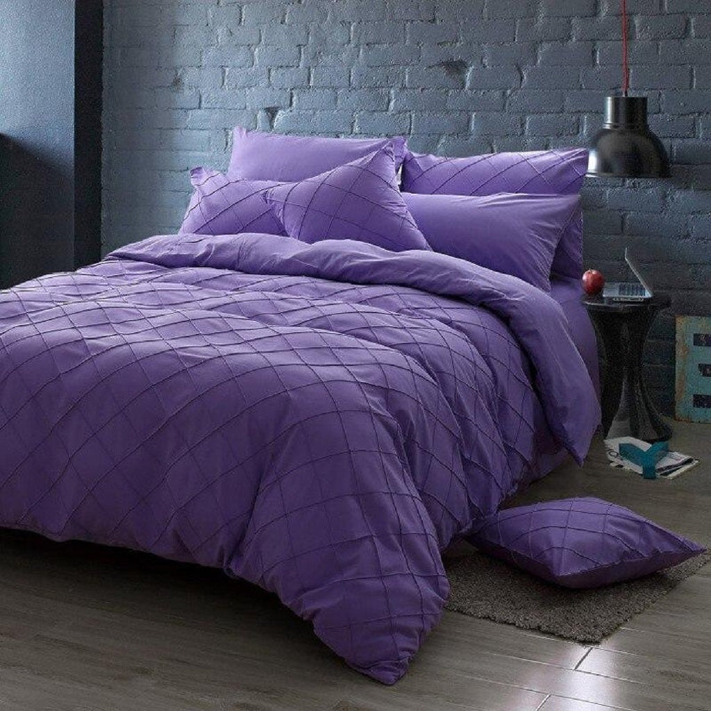 8 Pcs Pinch Pleat Purple Bed Sheet Set With Quilt, Pillow And Cushions Covers