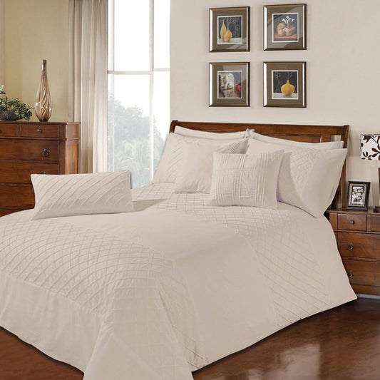 8 Pcs Pinch Pleat and Plain Beige Bed Sheet Set With Quilt, Pillow And Cushions Covers 1080