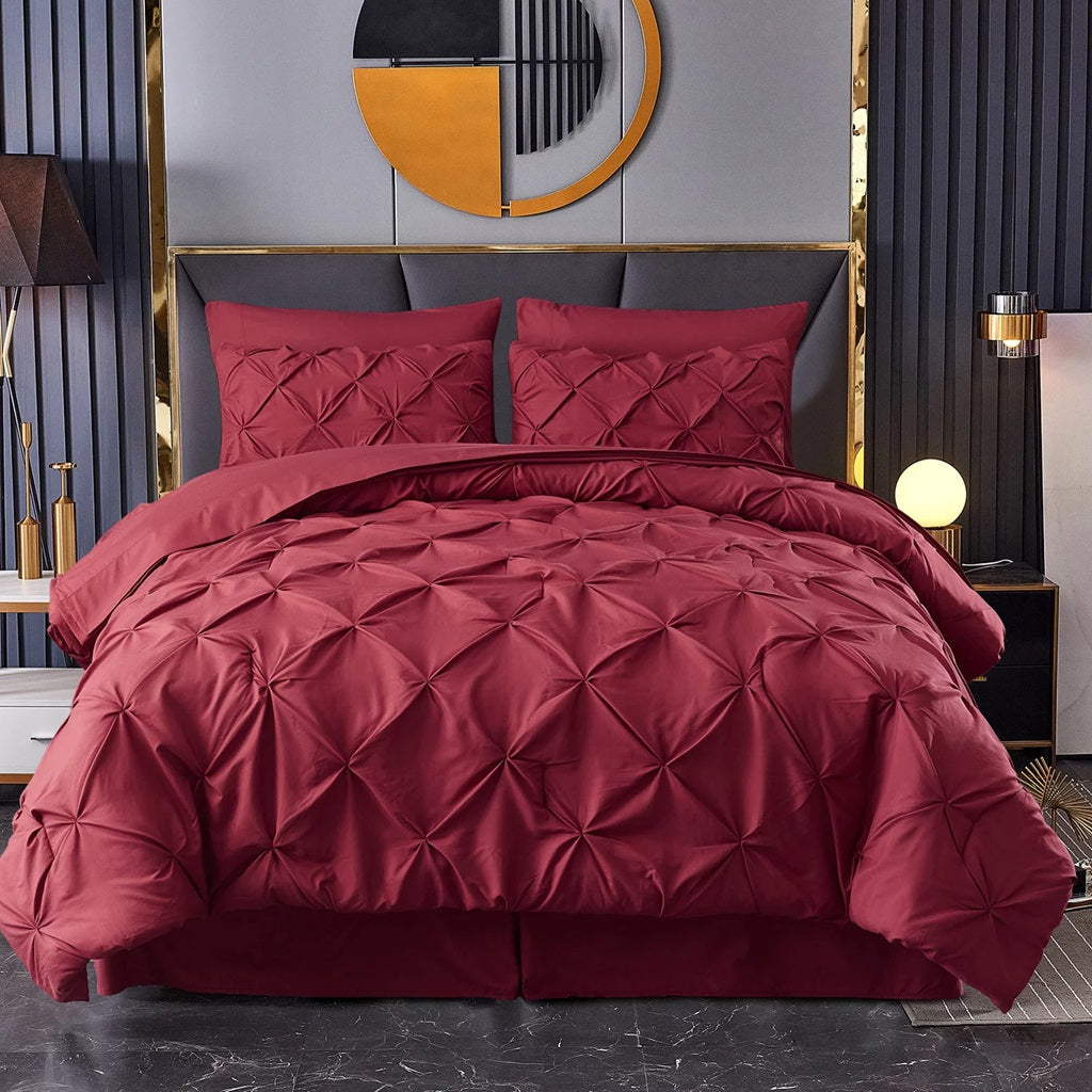 8 Pcs Pintuck Maroon Bedding Set T250 With Filled Comforter , Pillow and Cushions Covers