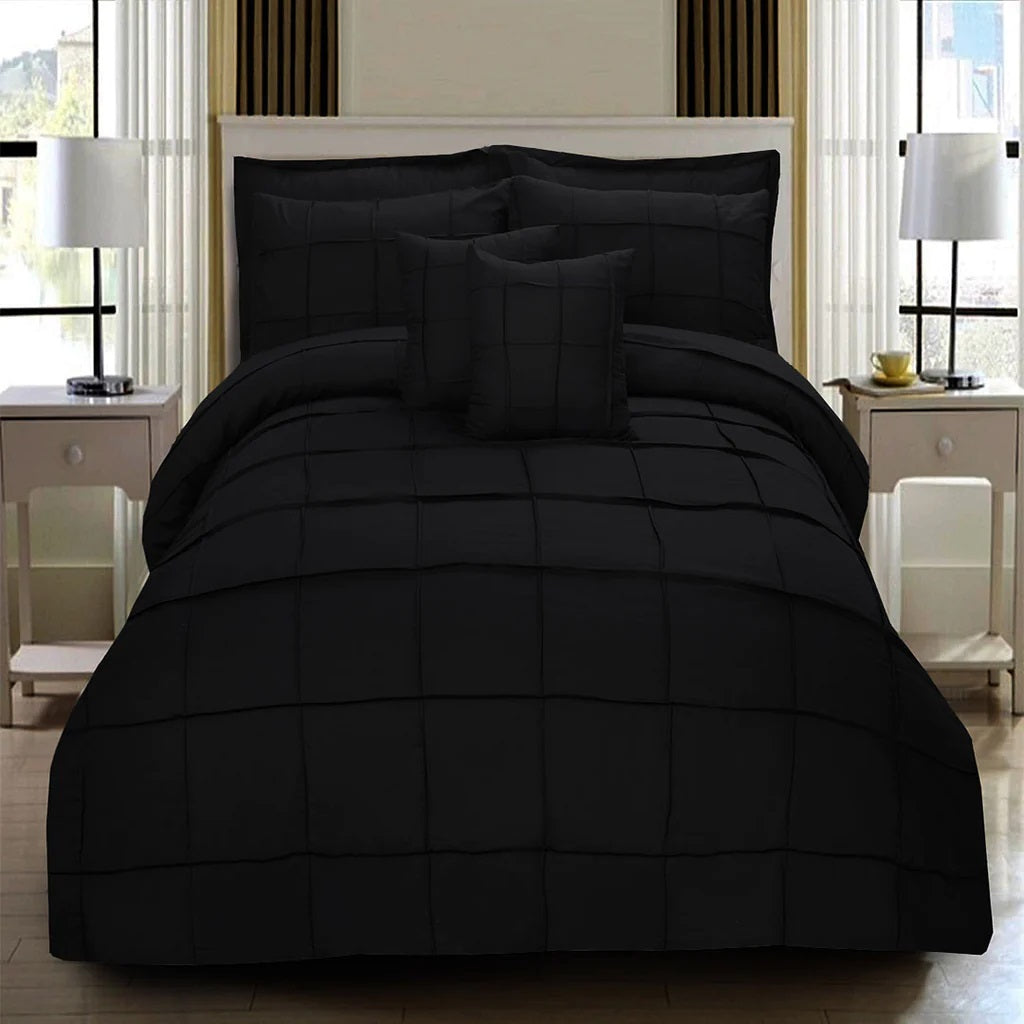 8 Pcs Pleated Square Black Bed Sheet Set With Filled comforter, Pillow And Cushions Covers