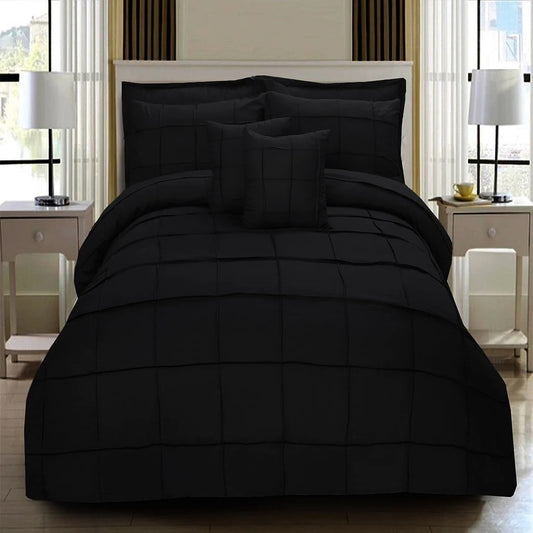 8 Pcs Pleated Square Black Bed Sheet Set With Filled comforter, Pillow And Cushions Covers 1024