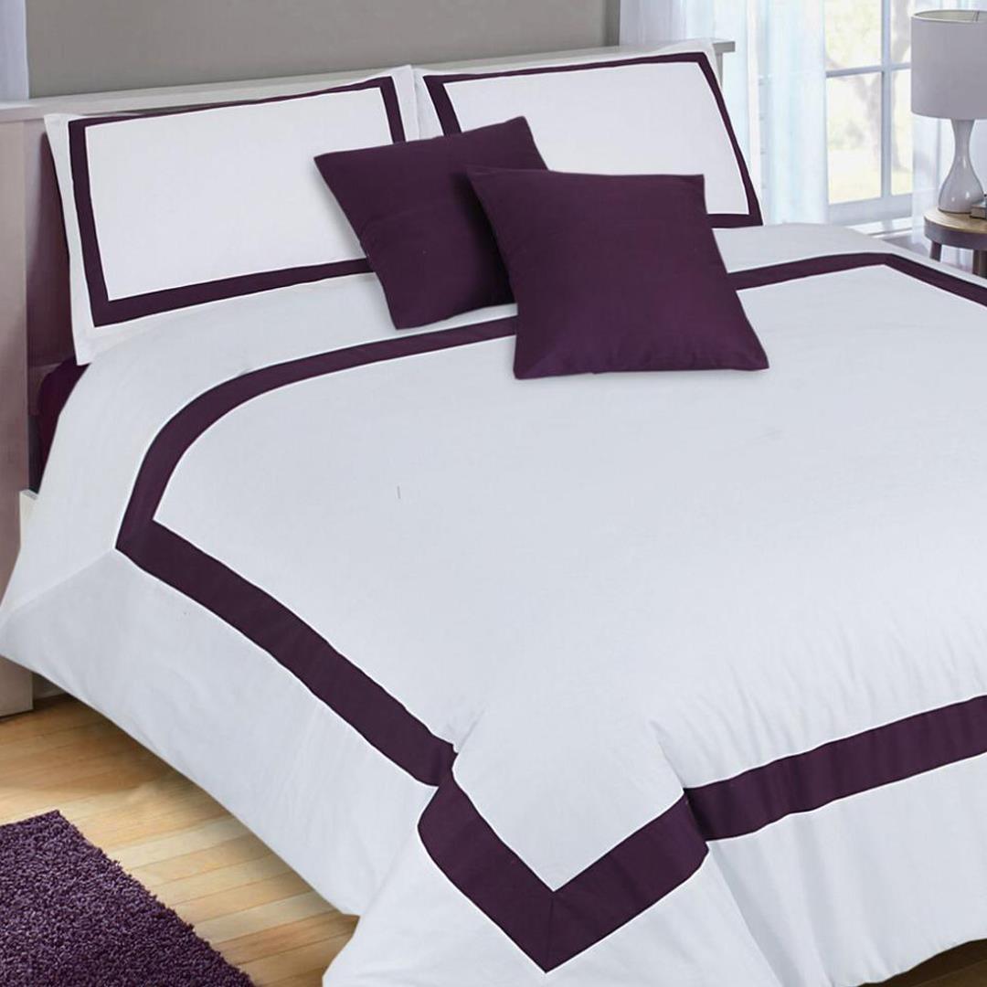 8 Pcs Purple Plain Panel White Bed Sheet Set With Quilt, Pillow And Cushions Covers