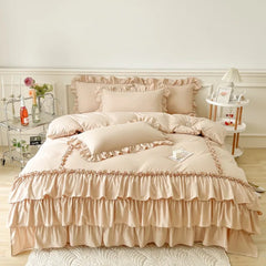 8 Pcs Ruffled Beige Bed Sheet Set (Quilt, Pillow & Cushion Covers)