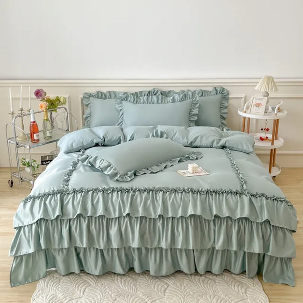 8 Pcs Ruffled Fortnum Green Bed Sheet Set (Quilt, Pillow & Cushion Covers)