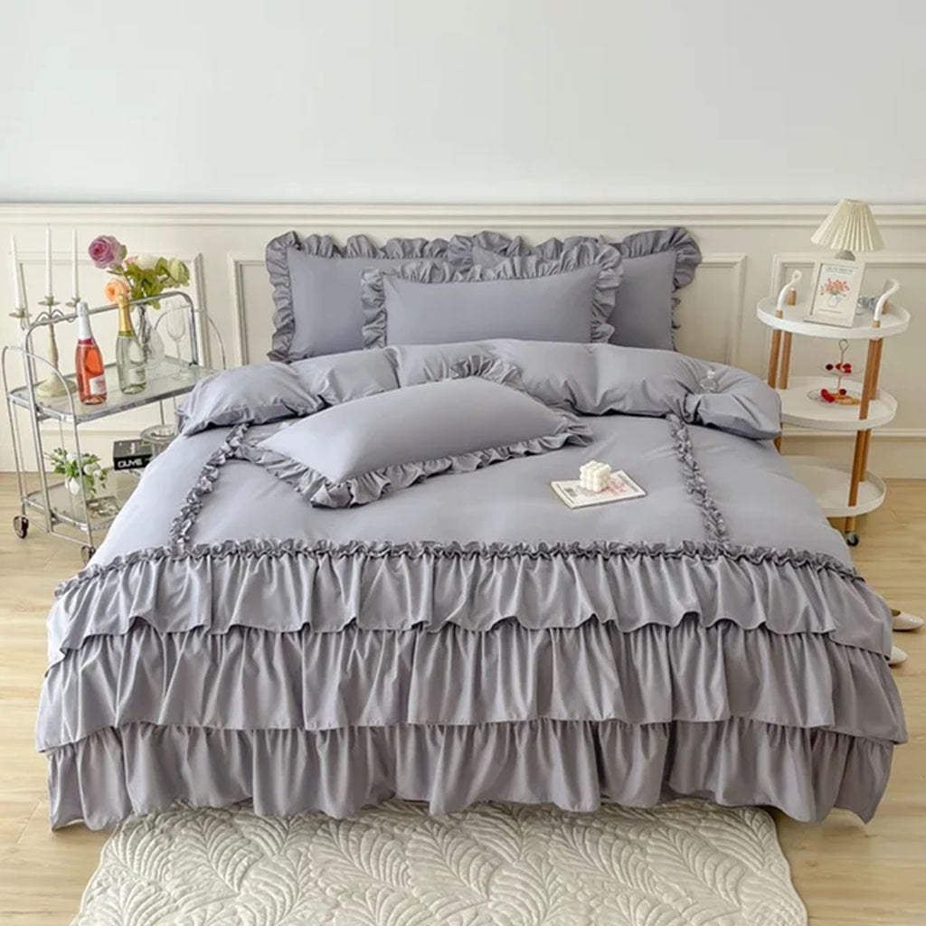 8 Pcs Ruffled Grey Bed Sheet Set (Quilt, Pillow & Cushion Covers)