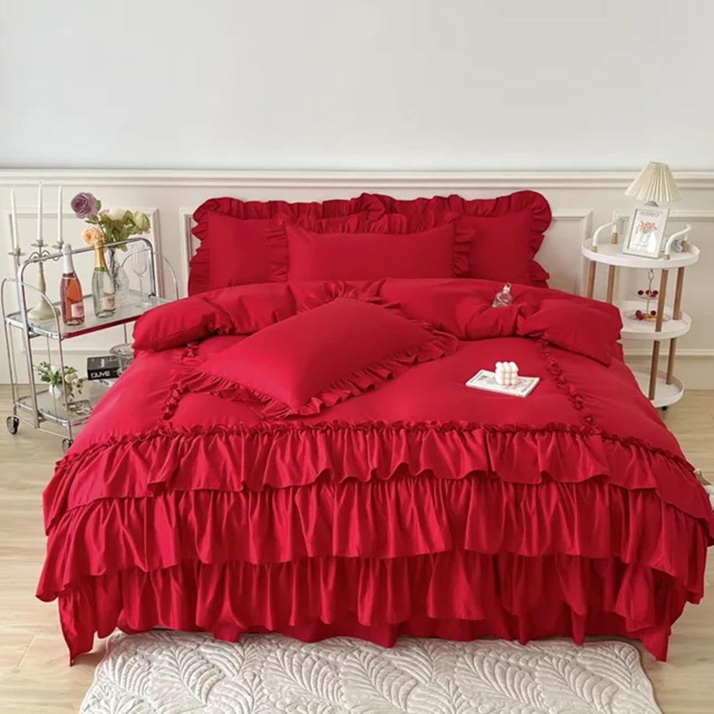 8 Pcs Ruffled Maroon Bed Sheet Set (Quilt, Pillow & Cushion Covers)