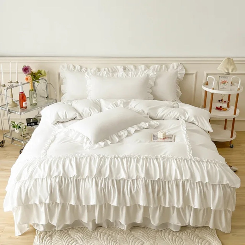 8 Pcs Ruffled White Bed Sheet Set (Quilt, Pillow & Cushion Covers)