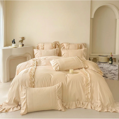 8 Pcs Frilly Beige Bed Sheet Set with Quilt, Pillow and Cushions Covers