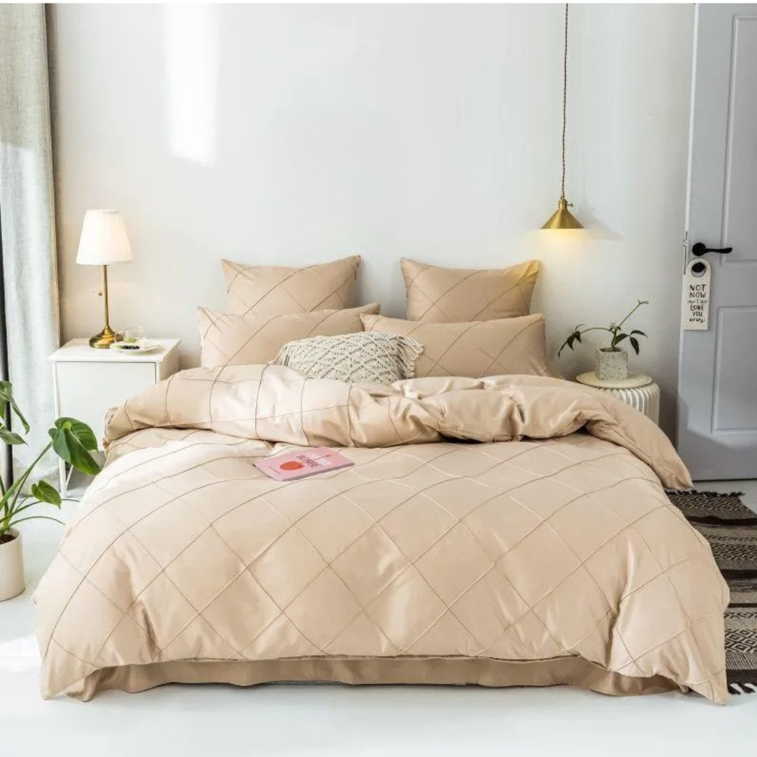 8 Pcs Pleated Beige Bed Sheet Set (Quilt, Pillow & Cushion Covers)
