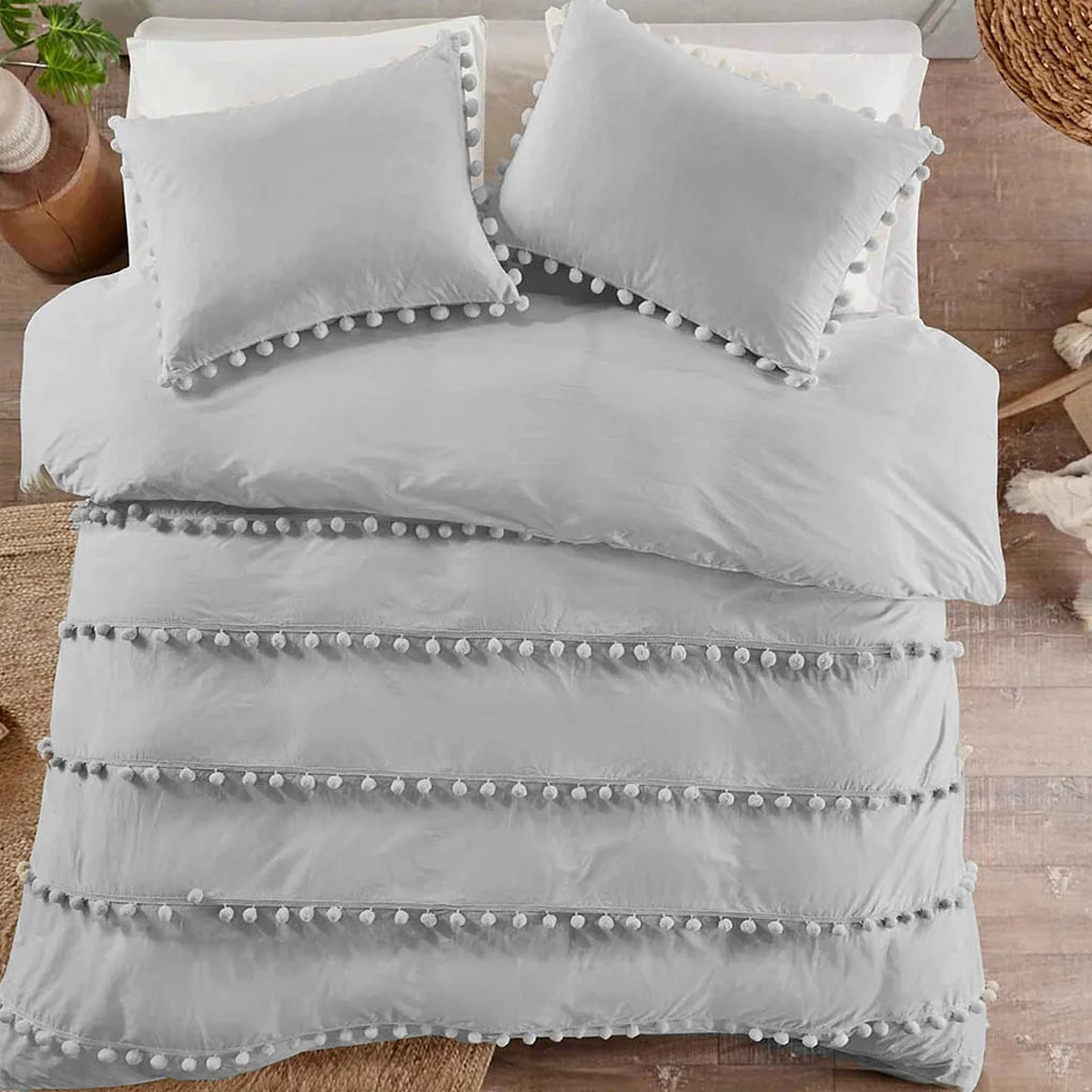 8 Pcs Pom Pom Silver Grey Bed Sheet Set With Filled Comforter, Pillow & Cushion Covers