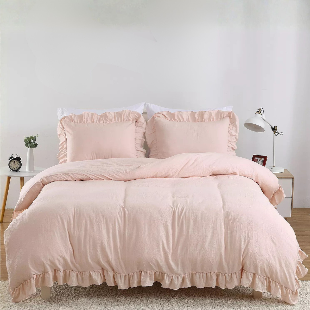 8 Pcs Ruffle Pink Bed Sheet Set (Quilt, Pillow & Cushion Covers)