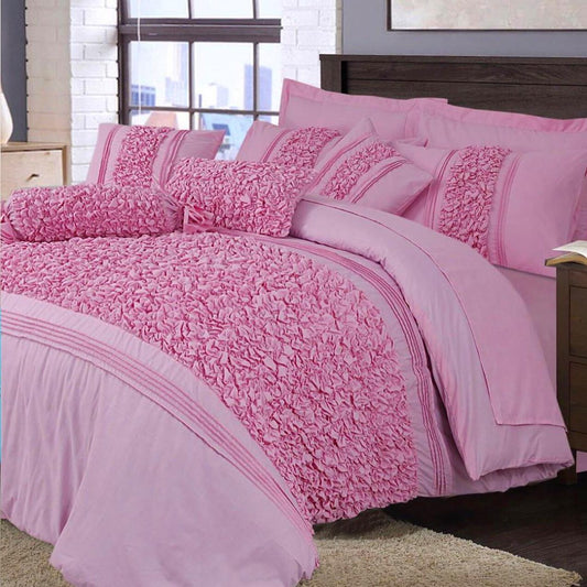 8 Pcs Bubbles Wedding Pink Bed Sheet Set With Quilt, Pillow And Cushions Covers 1080