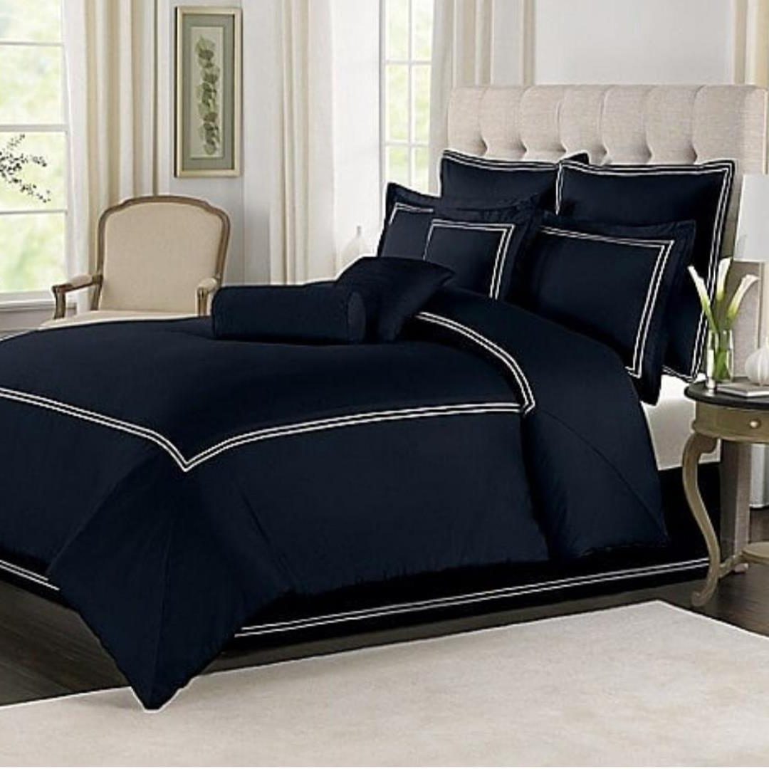 8 Pcs Dyed Navy Blue and White Double Lines Bed Sheet Set With Filled Comforter, Pillow And Cushions Covers