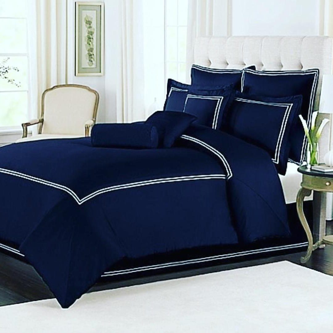 8 Pcs Dyed Royal Blue and White Double Lines Bed Sheet Set With Quilt, Pillow And Cushions Covers