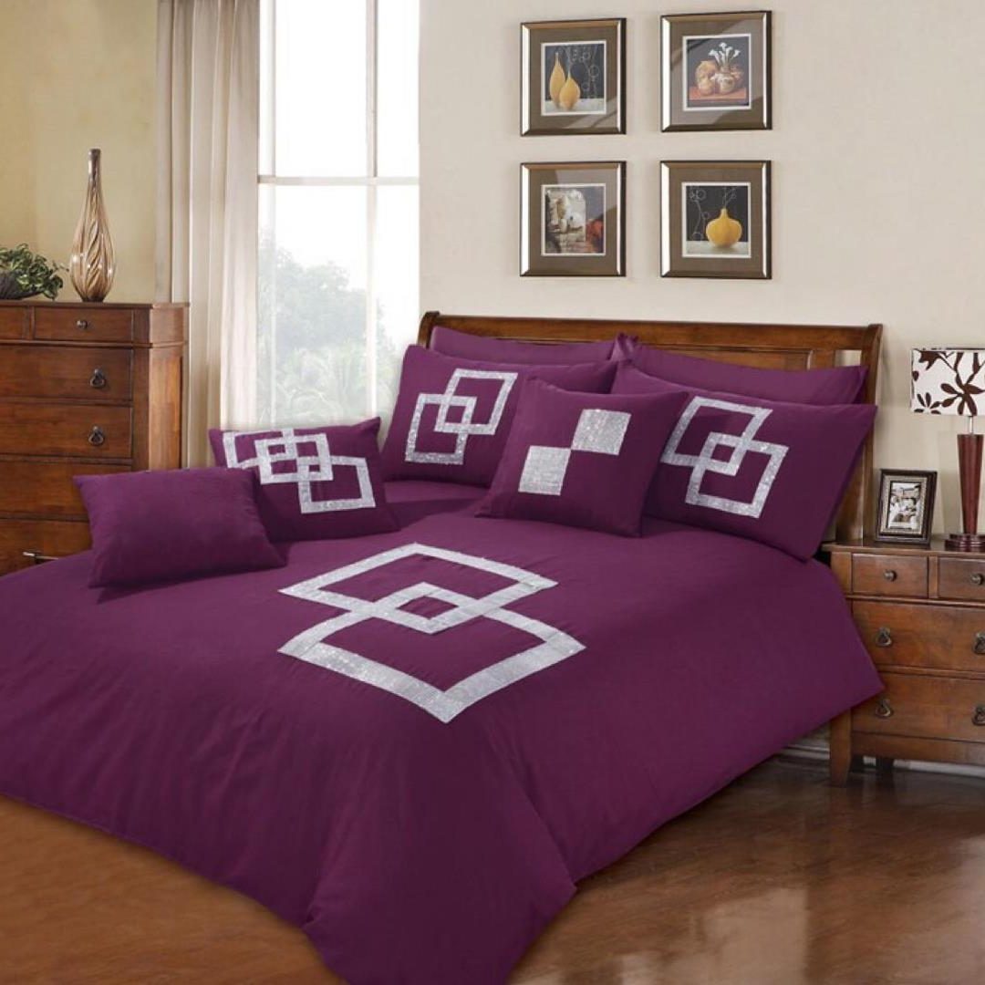 9 Pcs Passion Purple Bed Sheet Set With Quilt, Pillow And Cushions Covers