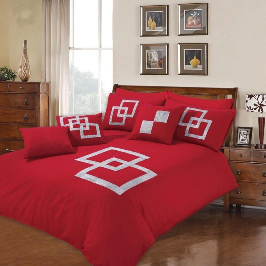 4 Pcs Passion Red Bed Sheet Set With Filled Comforter Cushions Covers