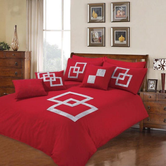 4 Pcs Passion Red Bed Sheet Set With Filled Comforter Cushions Covers 1080