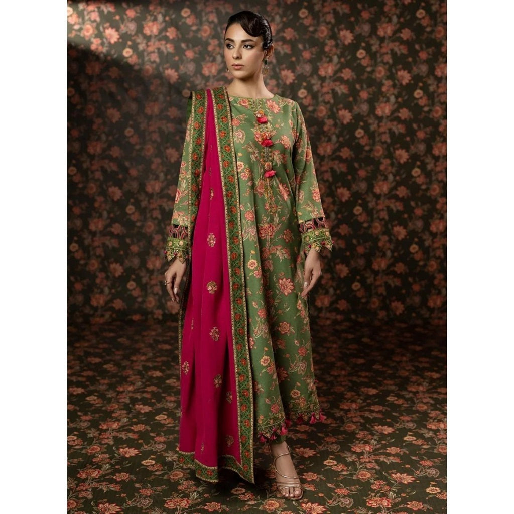 Adeera 3 Pcs Embroidered Unstitched Winter Suit Green