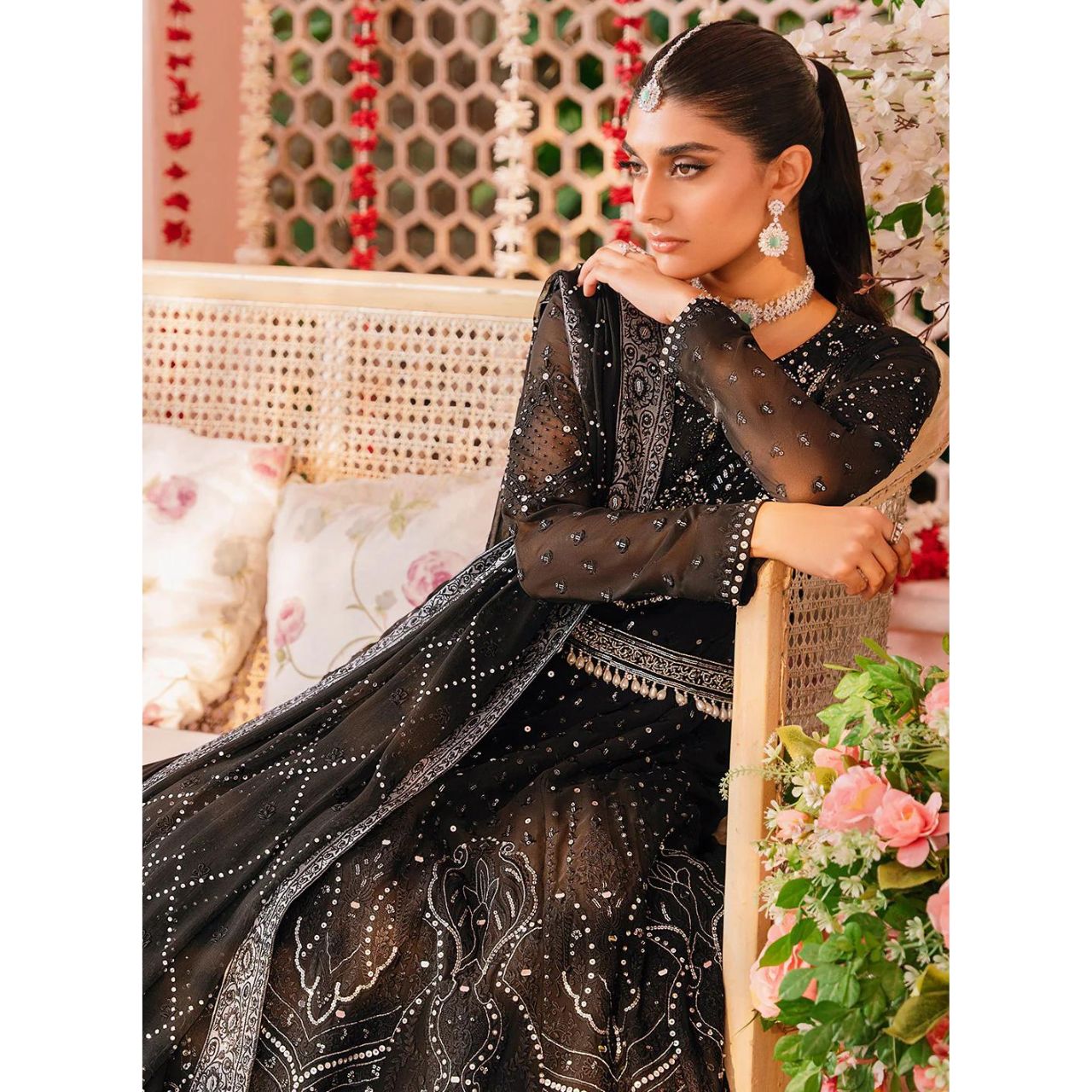 Afreen 3 Pcs Embroidered Luxury Suit Black