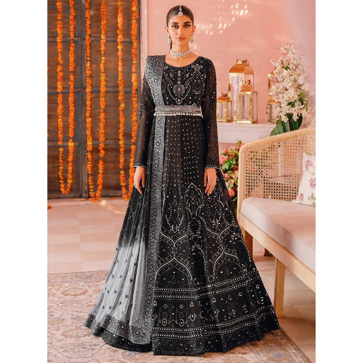 Afreen 3 Pcs Embroidered Luxury Suit Black