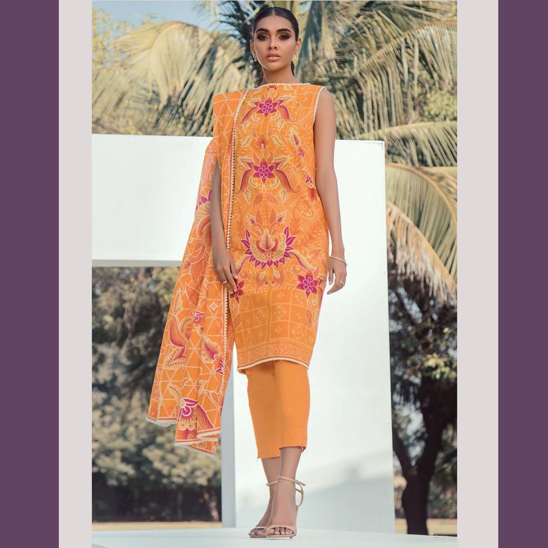 Al Karam Printed Unstitched 3 Pcs Lawn Suit Classic Orange