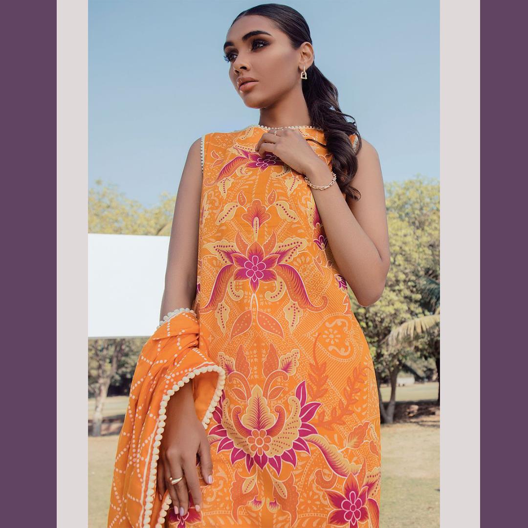 Al Karam Printed Unstitched 3 Pcs Lawn Suit Classic Orange