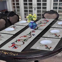 Albento Flower Embroidered 7 Pcs Table Runner ( 6 Seater )