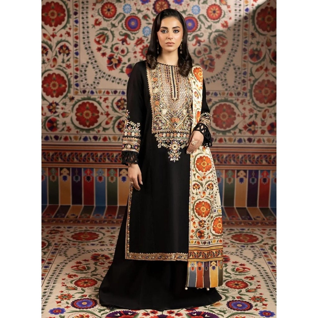 Aleesa 3 Pcs Embroidered Unstitched Winter Suit Black