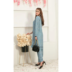 Alkaram 2 Pcs Unstitched Printed Linen Suit Floral Blue