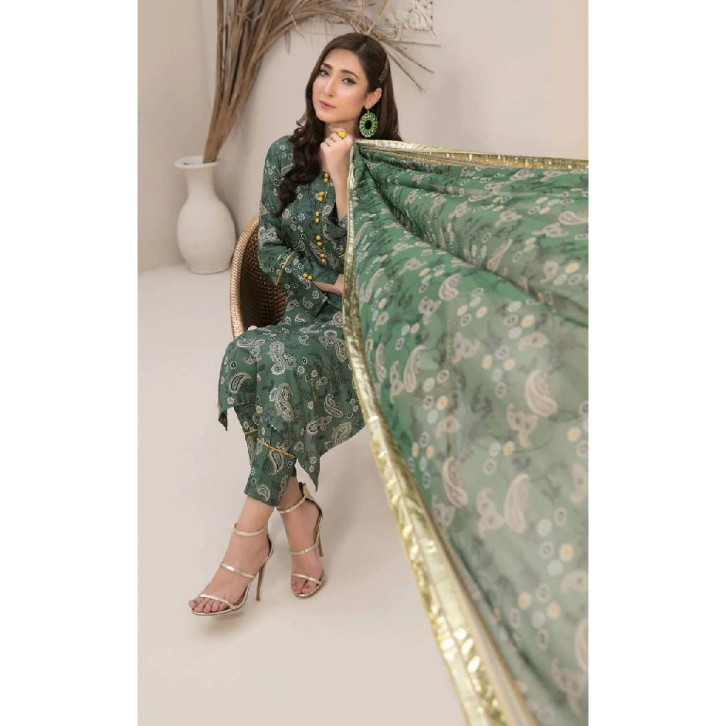 Alkaram 3 Pcs Unstitched Printed Linen Suit Green