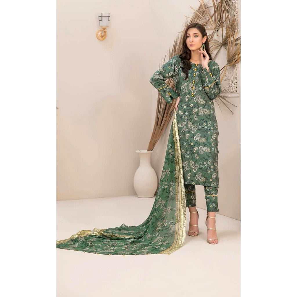 Alkaram 3 Pcs Unstitched Printed Linen Suit Green