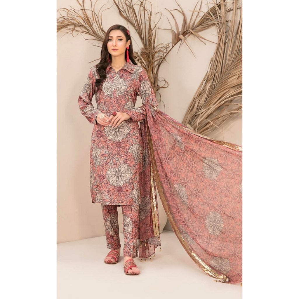 Alkaram 3 Pcs Unstitched Printed Linen Suit Salmon Pink