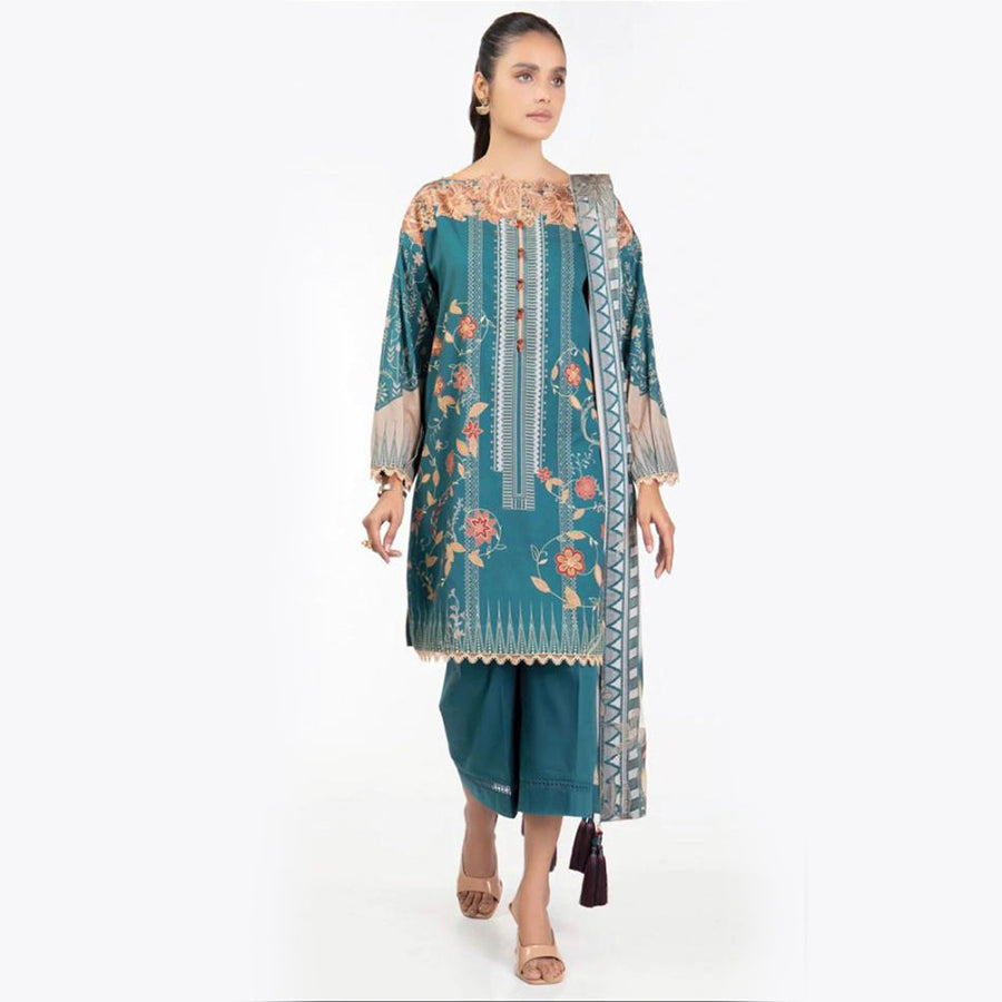 Alkaram 3 Pcs Unstitched Printed Linen Banarsi Suit Green