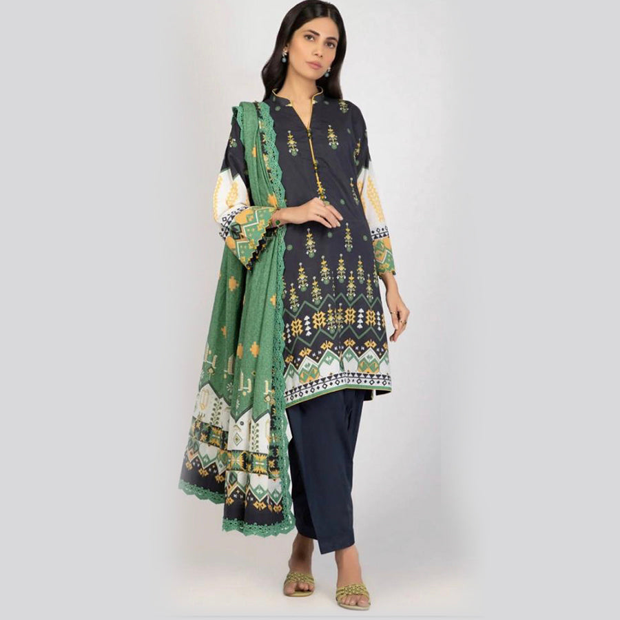 Alkaram 3 Pcs Unstitched Printed Linen Banarsi Suit Black