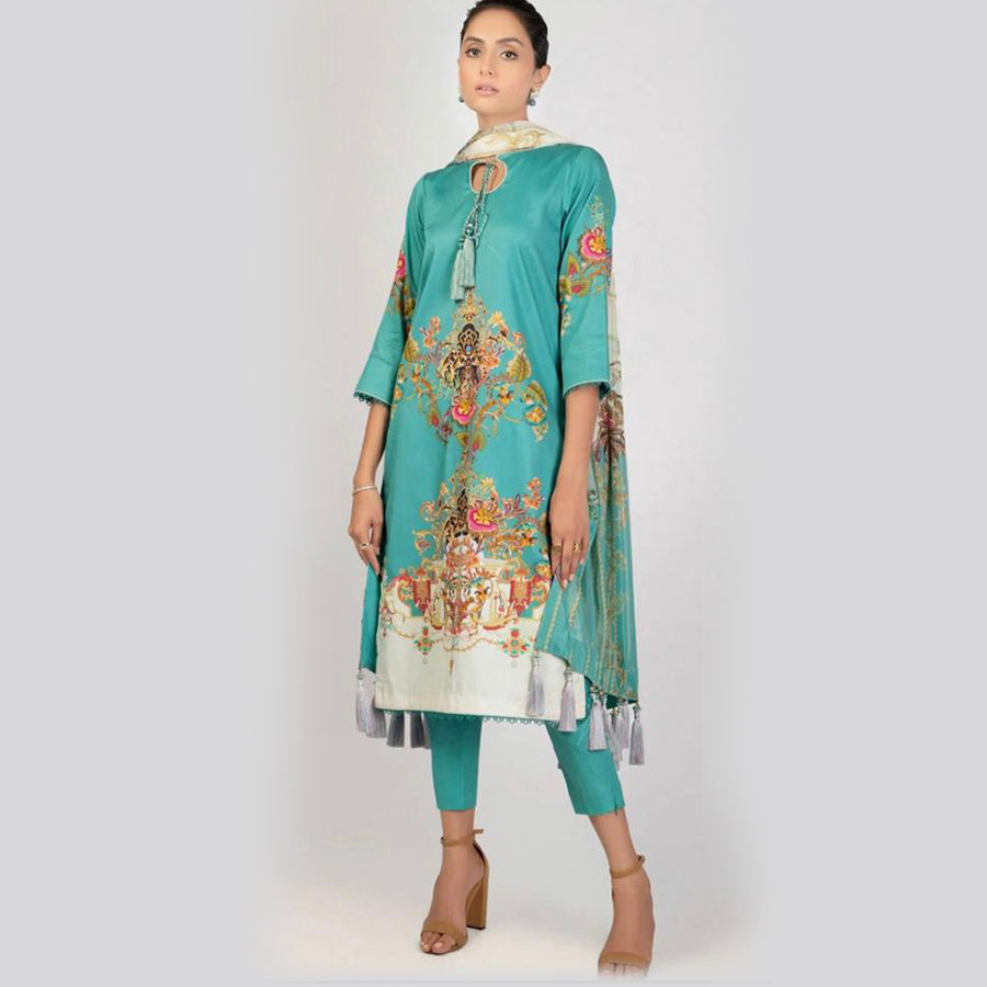 Alkaram 3 Pcs Unstitched Printed Linen Banarsi Suit Green