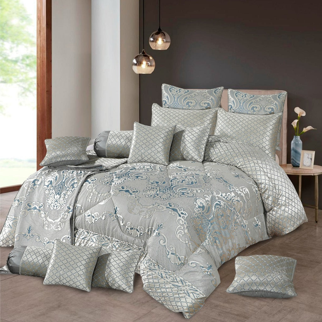 Amabilia 14 Pcs Silver Bedding Set with Filled Comforter