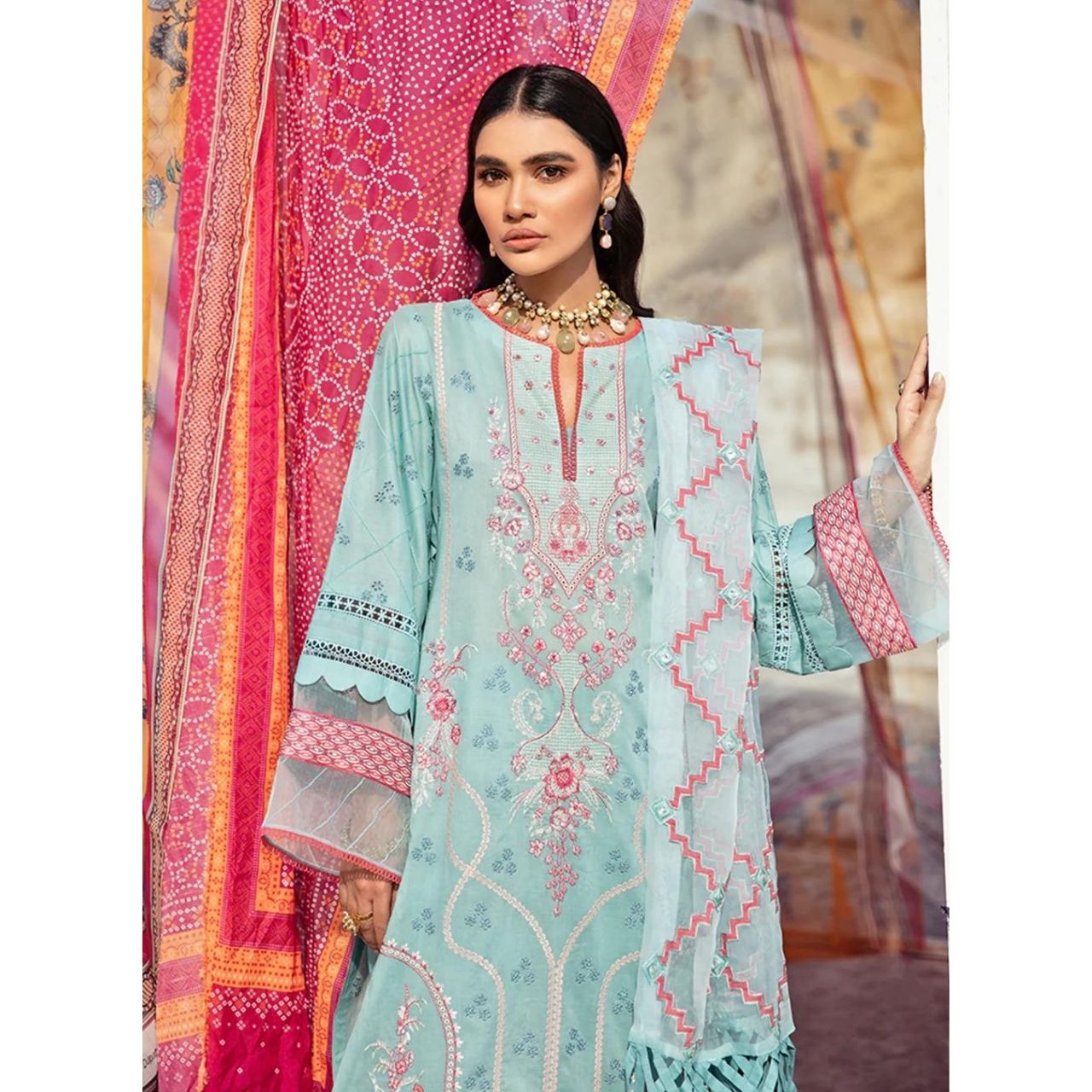 Anita 3 Pcs Embroidered Unstitched Suit Sea Blue