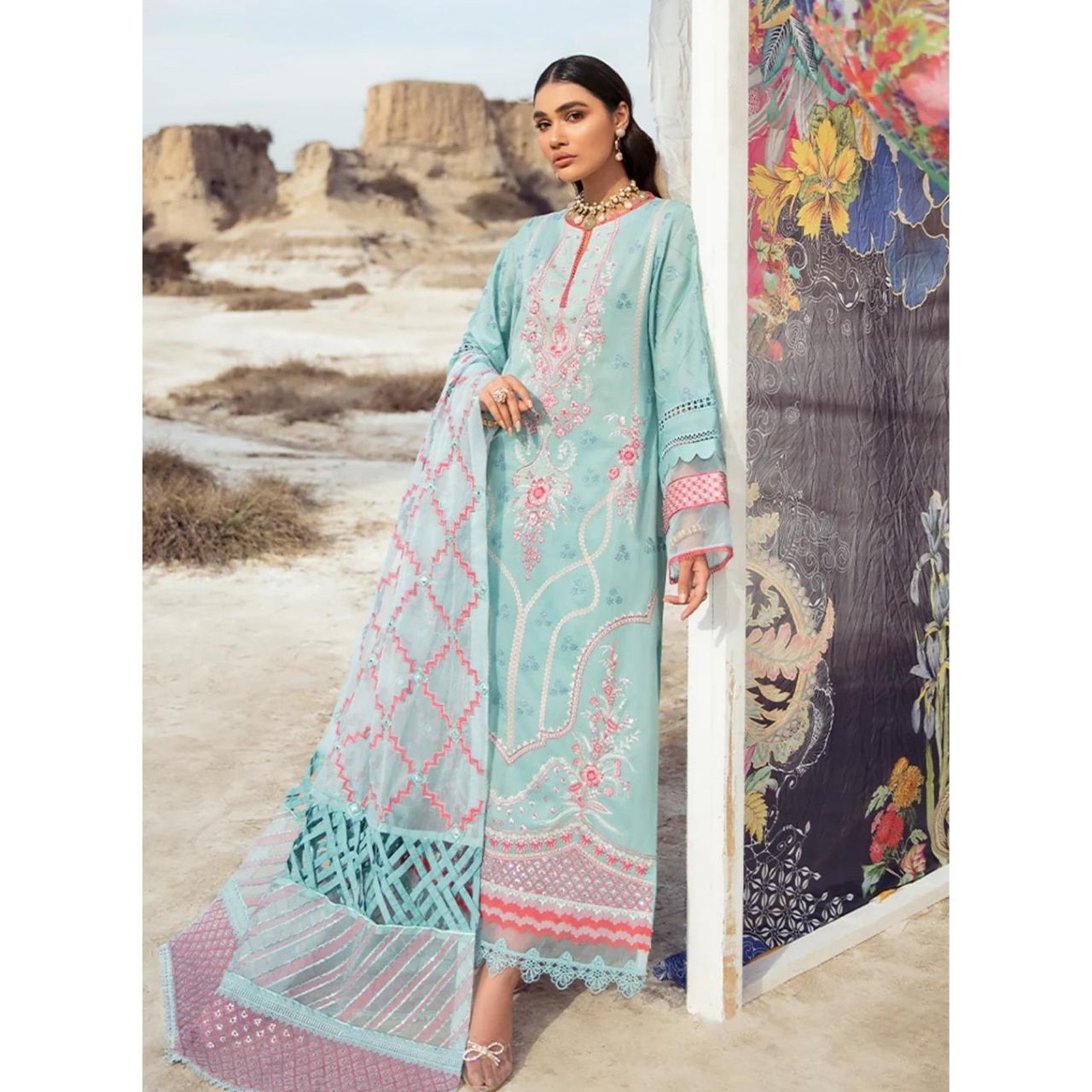 Anita 3 Pcs Embroidered Unstitched Suit Sea Blue