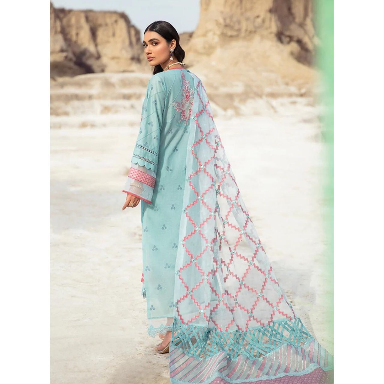 Anita 3 Pcs Embroidered Unstitched Suit Sea Blue