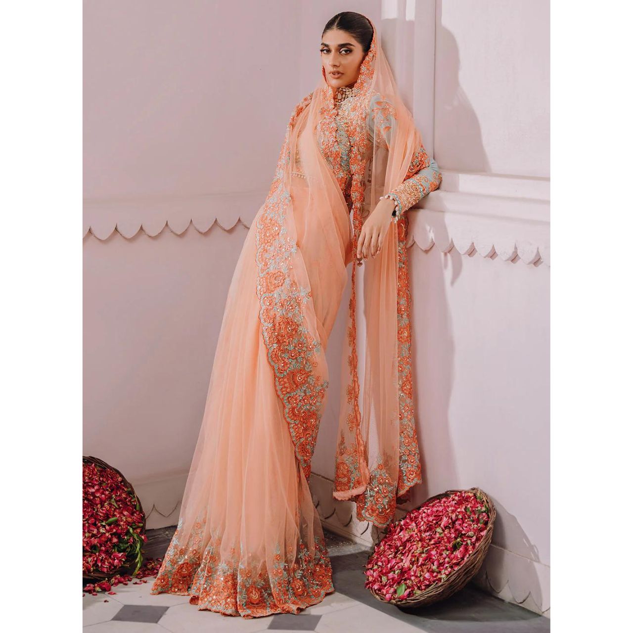 Aroosa 3 Pcs Embroidered Luxury Saree Peach