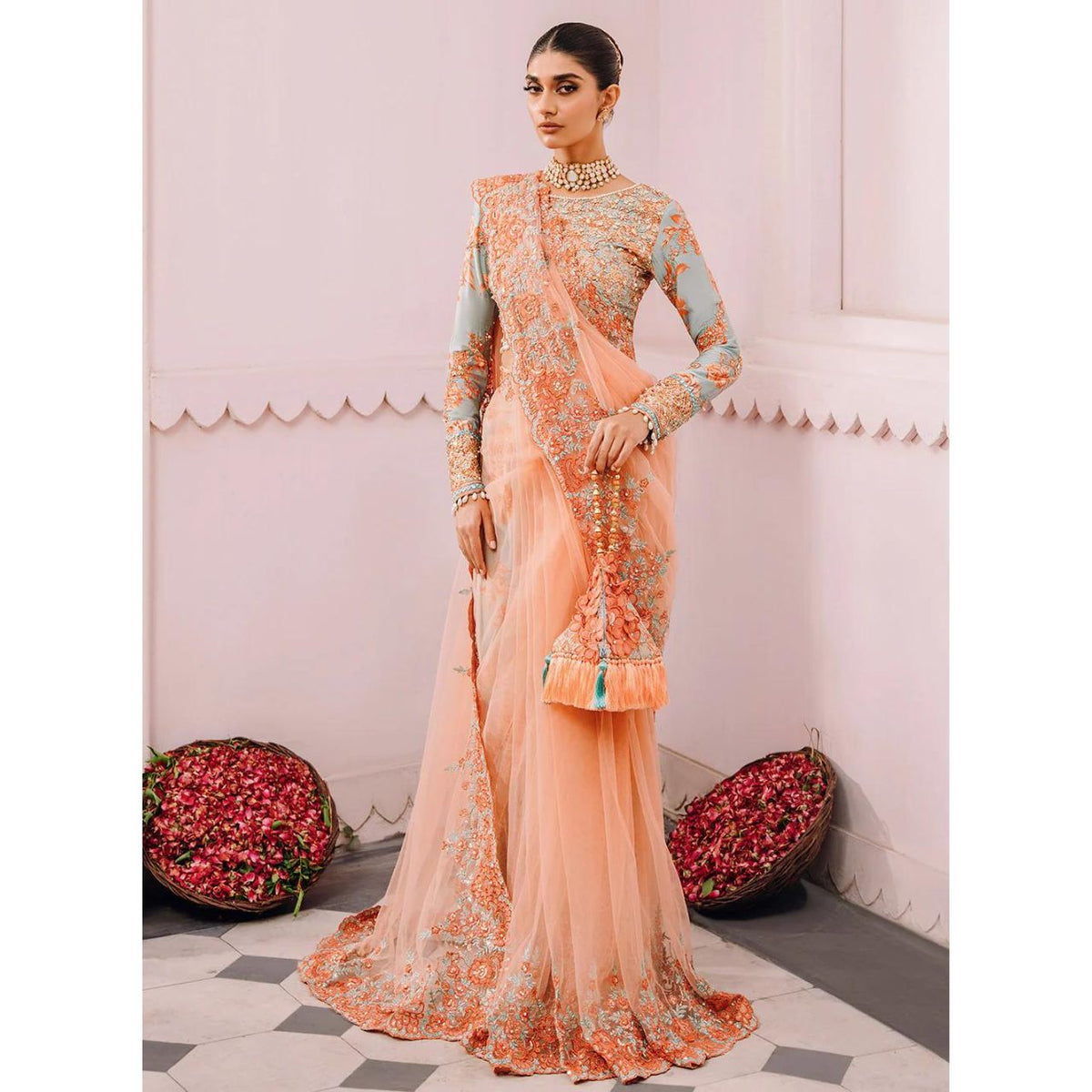 Aroosa 3 Pcs Embroidered Luxury Saree Peach