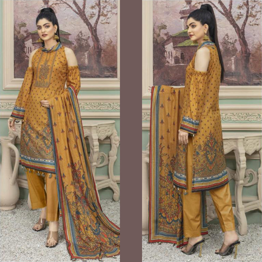 Bareeze 2 Pcs Unstitched Printed Lawn Suit Mustard