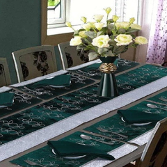 Baskin Embroidered 9 Pcs Table Runner Set Velvet Green ( 8 Seater )