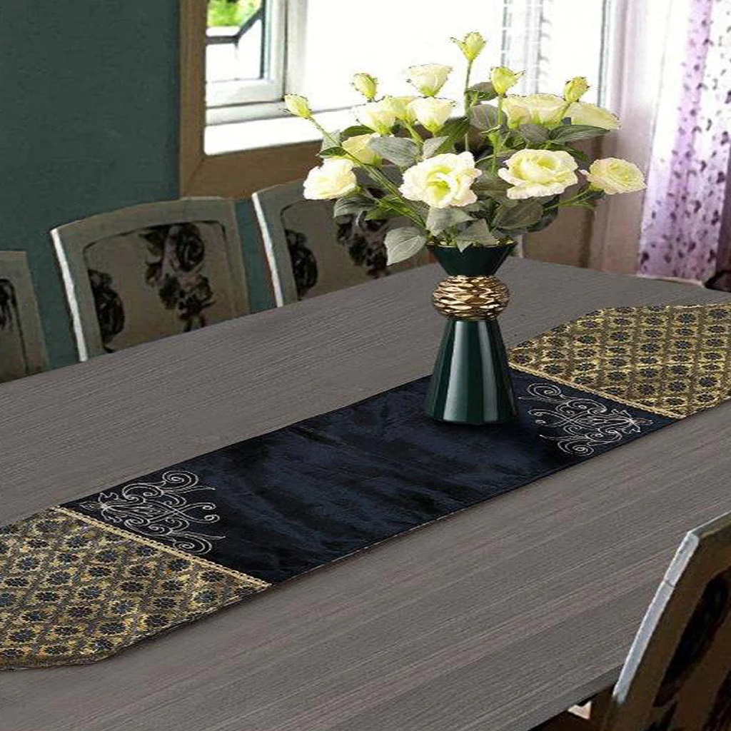 Calen 1 Pcs Embroidered Table Runner Set Velvet Black