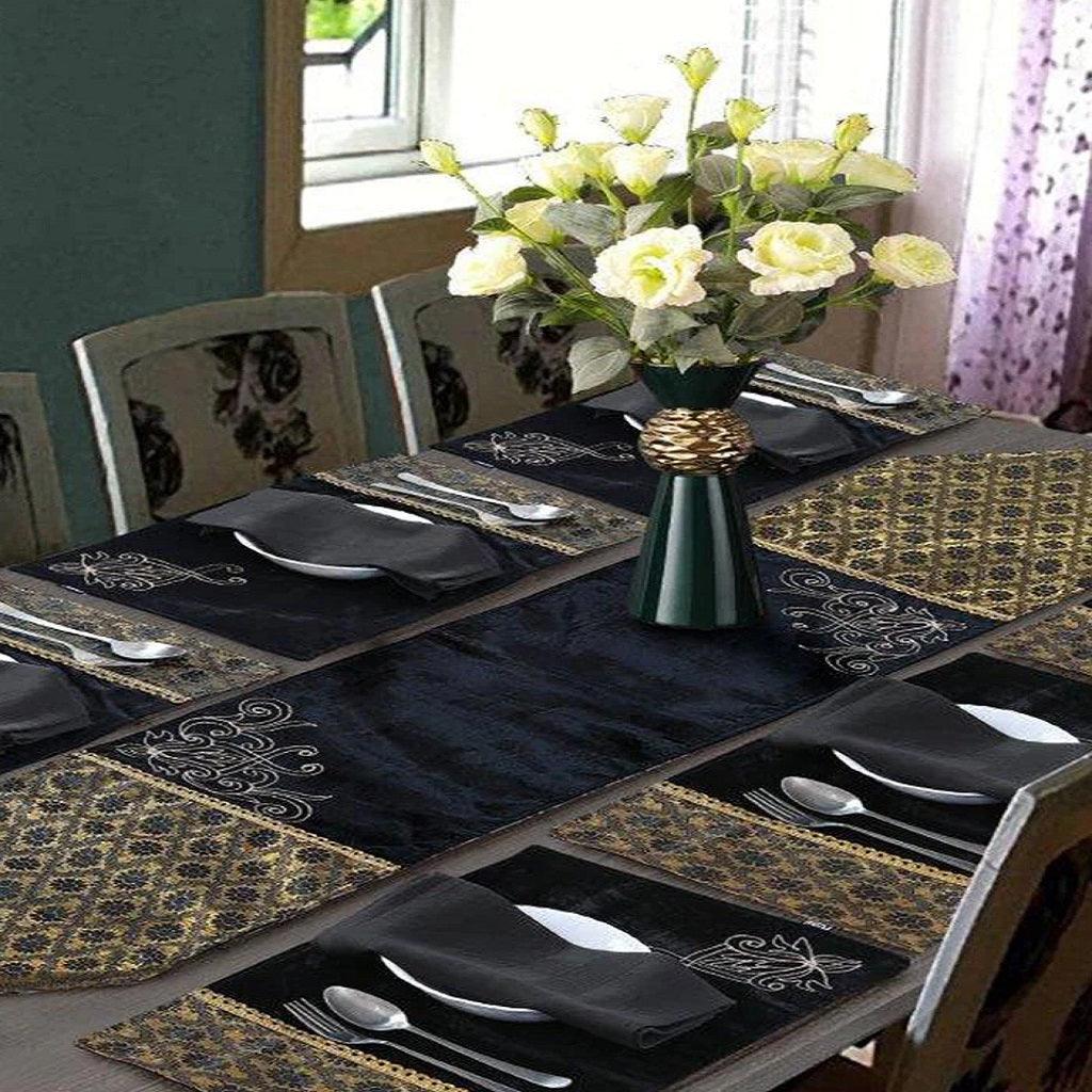 Calen Embroidered 9 Pcs Table Runner Set Velvet Black ( 8 Seater )