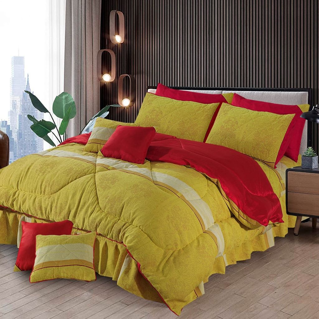 Calliope 10 Pcs Velvet Bedding Set with Filled Comforter Mustard