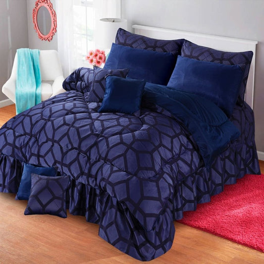 Calliope 10 Pcs Velvet Bedding Set with Filled Comforter Navy 1024