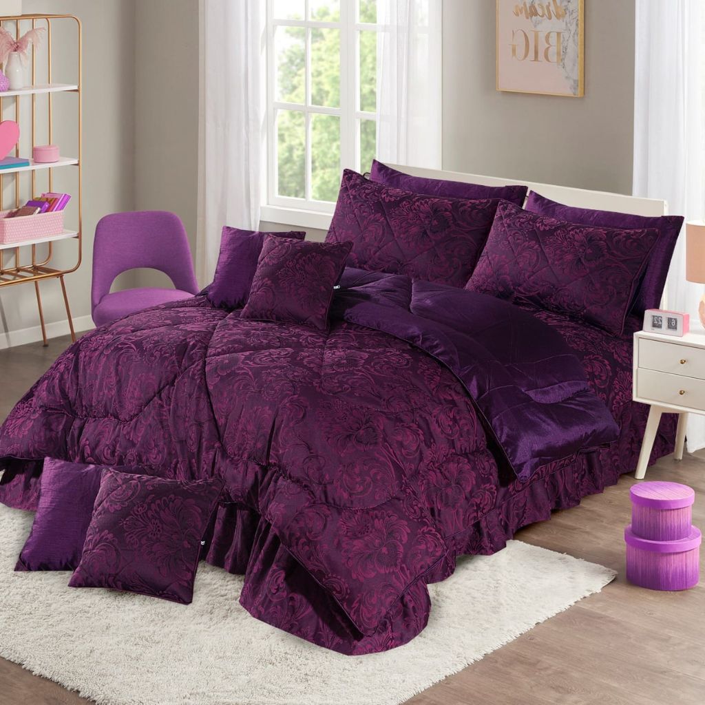 Calliope 10 Pcs Velvet Bedding Set with Filled Comforter Purple