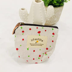 Canvas Coin Purse With Zipper White Floral