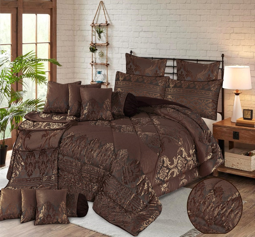 Ceci 14 Pcs Velvet Espresso Brown Bedding Set with Filled Comforter